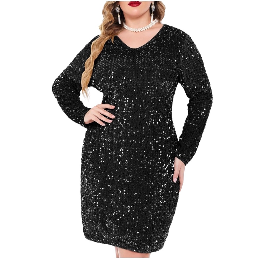 IN'VOLAND Womens Sequin Bodycon Dress Plus Size V Neck Party Cocktail Sp…